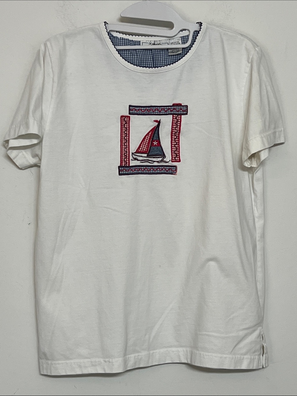 🌞 Keneth Too Petites White Short-Sleeve Tee Navy Sailboat Embroidery Women MP